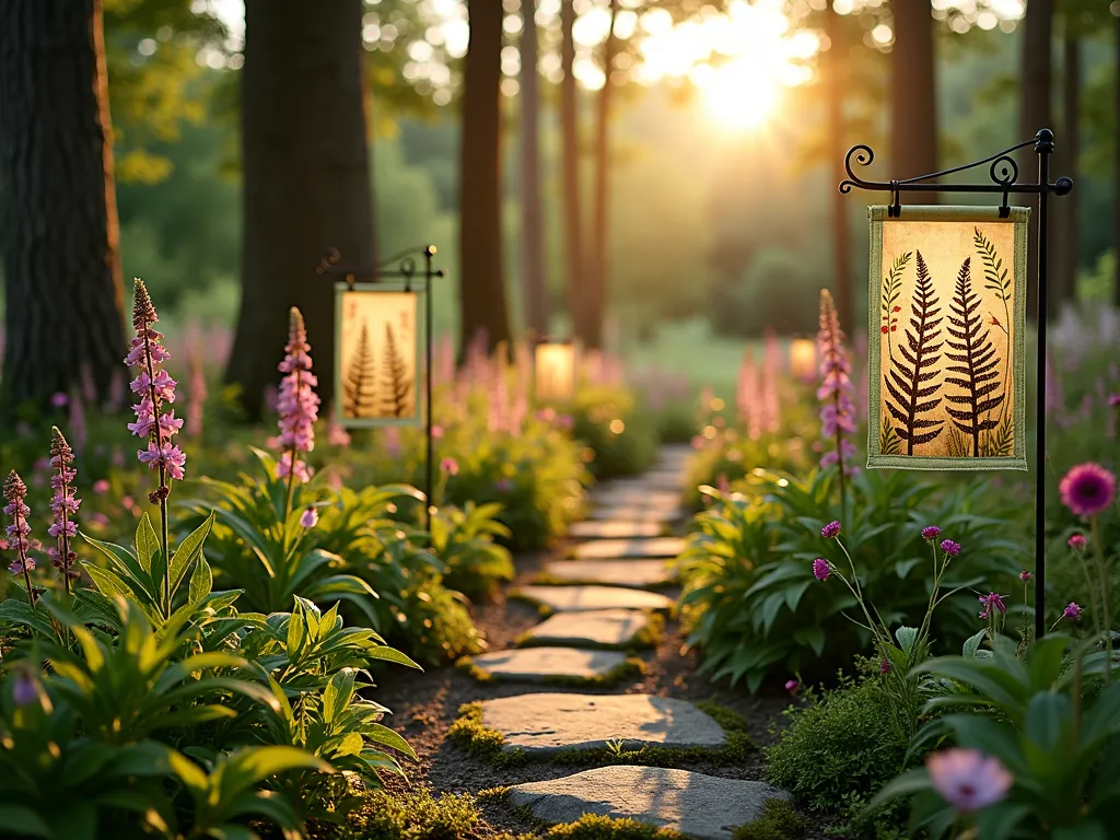 Enchanting Woodland Border Garden Flags - A captivating wide-angle DSLR photograph of a woodland garden border at golden hour, where decorative garden flags featuring delicate fern patterns and woodland creatures gracefully line the transition between a manicured garden and natural woodland. Native woodland flowers like foxgloves and bleeding hearts bloom in the foreground, while tall oak and maple trees create a dappled light effect in the background. The flags, in earthy greens and browns, gently wave in the breeze, creating a seamless visual flow between the cultivated garden space and the wild woodland edge. Natural stone pavers create a subtle path alongside the flags, with moss growing between them, adding to the woodland aesthetic. Shot with shallow depth of field to capture the magical interplay of evening light through the trees.