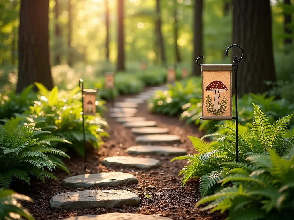 Enchanted Woodland Flag Trail - A winding garden path through a dappled-light woodland setting, captured during golden hour. Small decorative garden flags with nature-inspired motifs serve as artistic waymarkers along the mulched trail. The flags feature delicate mushroom and fern designs in earth tones, gently swaying in the breeze. Native ferns, hostas, and bleeding hearts line the path edges, while tall deciduous trees create a natural canopy overhead. Soft sunlight filters through the leaves, creating magical light patterns on the forest floor. Shot with a wide-angle perspective to capture the meandering path and the sense of journey, with selective focus on a prominent flag in the foreground. Natural stone steps occasionally punctuate the path, adding texture and depth to the scene.