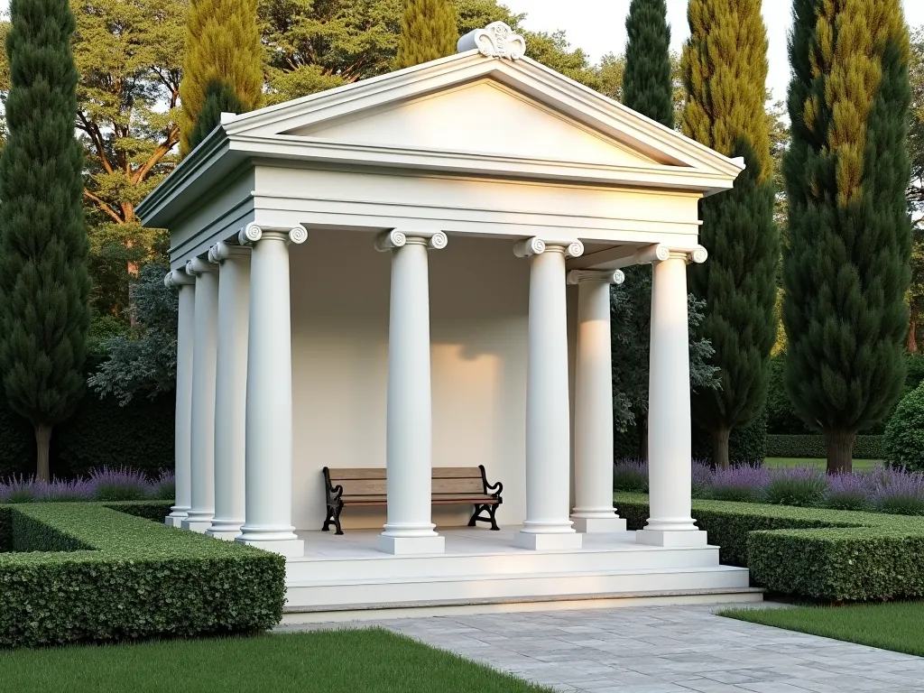 Classical Greek Temple Garden Pavilion - A pristine white miniature Greek temple folly nestled in a lush garden setting, featuring 6 elegant Doric columns supporting a triangular pediment with classic Greek architectural details. The temple pavilion is set on a raised platform with shallow steps, surrounded by manicured boxwood hedges and blooming lavender. Dappled sunlight filters through nearby mature cypress trees, casting gentle shadows across the temple's pure white stonework. A comfortable classical-style stone bench is visible inside the structure. The pavilion is photographed at a slight angle to showcase both its front facade and side colonnade, with a natural stone pathway leading to its entrance. Photorealistic, architectural photography style, golden hour lighting.