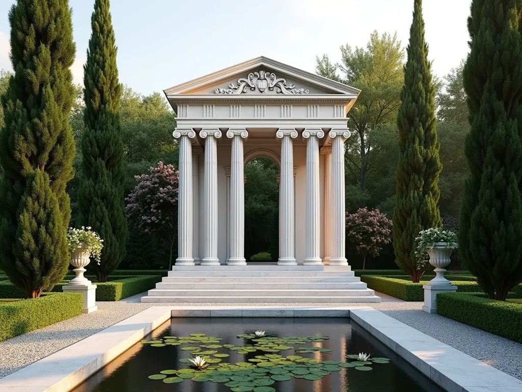 Classical Roman Temple Garden Folly - A majestic small-scale Roman temple folly in a lush garden setting, featuring 6 elegant Corinthian columns supporting a triangular pediment with ornate relief work. The structure has a pristine white marble-effect finish and sits atop three wide steps. Surrounding the temple are perfectly manicured Italian cypress trees and flowering climbing roses. A formal gravel path leads to the temple, flanked by neat boxwood hedges and classical urns filled with trailing plants. Soft evening lighting illuminates the columns dramatically. The temple overlooks a small reflecting pool with water lilies, creating mirror-like reflections of the classical architecture. Perspective view, architectural photography style, golden hour lighting, photorealistic, highly detailed.