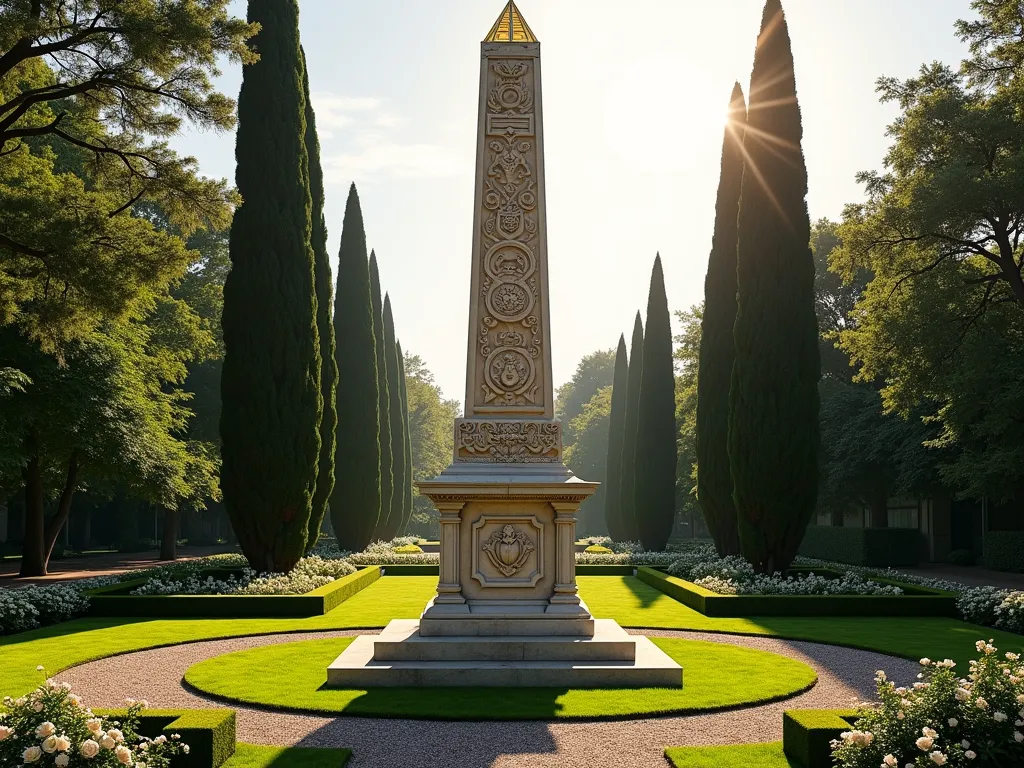 Elegant Egyptian Obelisk in Formal Garden - A majestic 12-foot tall limestone obelisk with intricate hieroglyphic carvings, topped with a gleaming gold-leafed pyramidal cap, stands as a dramatic focal point in a formal garden setting. The obelisk is surrounded by symmetrical boxwood hedges and a circular gravel path. Late afternoon sunlight casts dramatic shadows across the perfectly manicured lawn, while tall Italian cypress trees frame the scene in the background. Blooming white roses and lavender create a soft border around the base. Photorealistic, architectural photography style, golden hour lighting