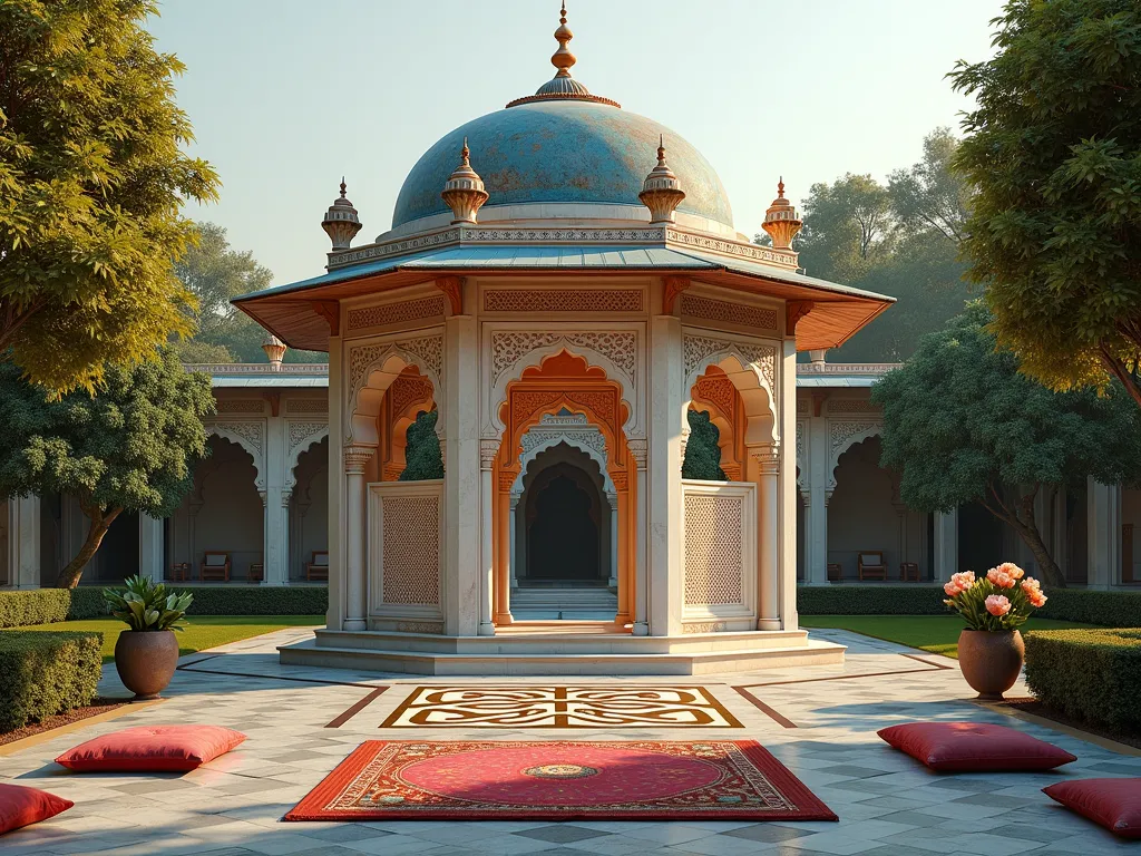 Elegant Indian Garden Pavilion - A stunning ornate garden pavilion in traditional Indian Mughal architecture style, featuring intricately carved white marble columns and scalloped arches with detailed jali fretwork. The pavilion has a domed copper roof with gold finials, decorated with vibrant peacock blue and deep red accents. Set in a serene garden with manicured lawns, surrounded by flowering jasmine vines climbing the pillars and bordered by potted lotus plants. Soft evening lighting illuminates the structure, casting intricate shadows through the latticed screens. Persian-style geometric patterns adorn the floor, with plush floor cushions in jewel tones creating an intimate meditation space. Architectural photography style, golden hour lighting, 4k HD