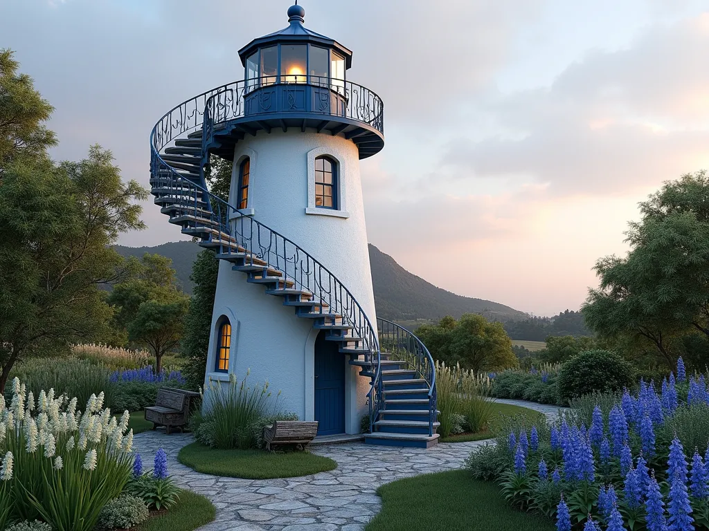 Enchanting Garden Lighthouse Folly - A charming 15-foot tall white lighthouse folly with blue trim in a lush coastal garden, featuring a wrap-around spiral staircase leading to an octagonal viewing platform. The structure is surrounded by ornamental grasses, white echinacea, and blue delphiniums swaying in the breeze. Natural stone pathways wind through the garden, with weathered wooden benches nearby. Soft evening lighting illuminates the lighthouse windows, creating a magical atmosphere. The scene is captured during golden hour, with climbing roses and jasmine embracing the lighthouse's base. Architectural photography style, high detail, photorealistic.