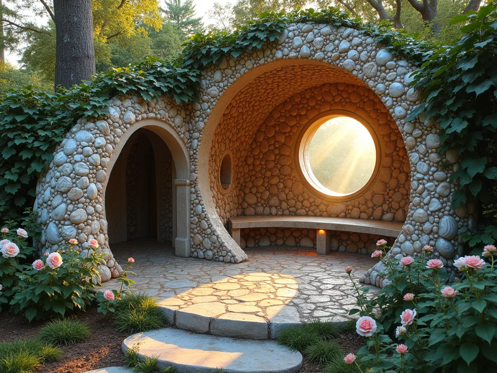 Enchanting Seashell Grotto Garden Folly - A whimsical garden folly resembling a magical underground grotto with arched entrance, decorated floor to ceiling with intricate mosaic patterns made from iridescent seashells, mother of pearl, and abalone. Soft, warm lighting illuminates the shell-encrusted walls creating a ethereal glow. Natural stone steps lead down to the circular chamber, with a small meditation bench. Climbing roses and ivy frame the entrance, while a decorative water feature trickles down one wall. Photographed at golden hour with rays of light streaming through the entrance, architectural style, highly detailed, magical atmosphere.