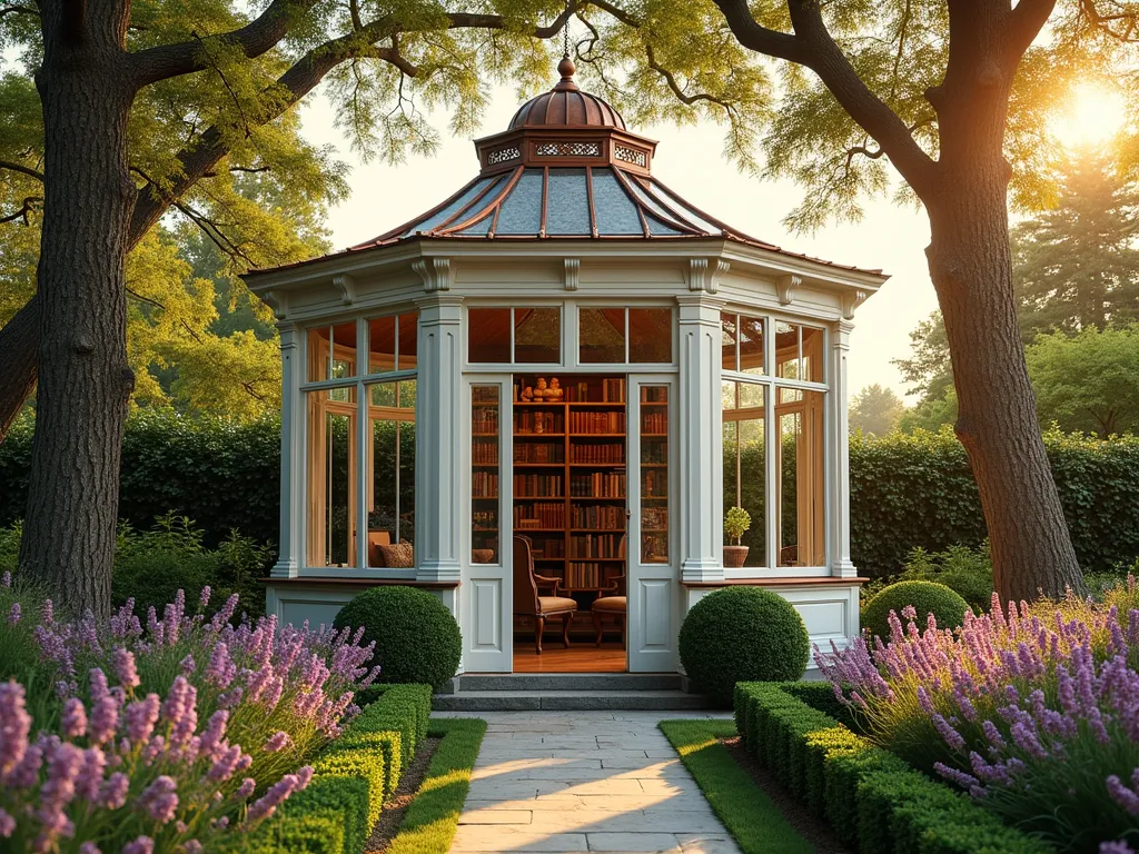 Sunlit Garden Library Pavilion - A charming octagonal glass and wood garden folly library pavilion surrounded by climbing roses and wisteria, photographed during golden hour. Floor-to-ceiling windows on all sides with white-painted wooden muntins, topped with a copper-patinated dome roof. Interior visible through windows shows built-in mahogany bookshelves lining the walls and a cozy reading chair. Stone path leading to French doors, bordered by lavender and boxwood hedges. Dappled sunlight filtering through nearby mature oak trees. Architectural style combining Victorian conservatory with modern minimalism, shot in high detail, photorealistic.