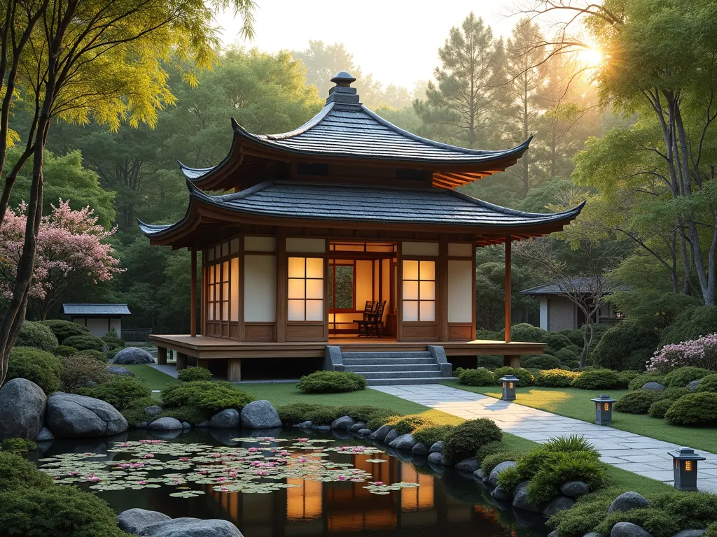 Tranquil Japanese Tea House Garden Folly - A serene Japanese tea house pavilion in a traditional garden setting, photographed at golden hour. The elegant wooden structure features translucent shoji screens, curved roof tiles, and a wraparound engawa veranda. The tea house is elevated slightly on wooden posts, surrounded by carefully manicured azalea bushes, Japanese maple trees, and moss gardens. A stone path with traditional stepping stones leads to the entrance, flanked by stone lanterns. Reflecting pool with water lilies in the foreground, creating perfect reflections. Bamboo grove provides a natural backdrop. Soft, diffused lighting creates a peaceful, contemplative atmosphere. Architectural photography style, hyper-realistic, 8k resolution.