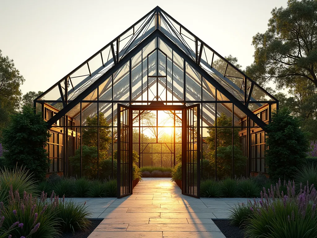 Modern Crystal Greenhouse Folly - A stunning modernist greenhouse with triangular glass panels and sleek black metal framework, photographed during golden hour. The geometric structure features a mix of clear and slightly tinted glass panels arranged in a crystalline pattern, casting dramatic prismatic light patterns on the ground. Lush tropical plants and hanging vines visible inside. Set in a manicured garden with ornamental grasses and lavender borders. Soft evening light streams through the structure creating a magical atmosphere. Architectural photography style, ultra-detailed, dramatic lighting, photorealistic.