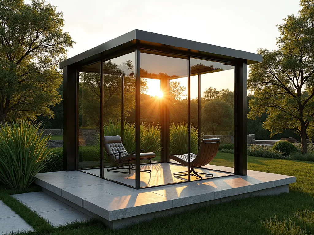 Modern Glass Cube Garden Pavilion - A stunning minimalist glass cube folly set in a landscaped garden, photographed during golden hour. The structure features sleek steel framing and floor-to-ceiling glass panels that reflect the surrounding nature. The cube is 12x12 feet, positioned on a raised platform of light grey limestone. Ornamental grasses and bamboo create a soft contrast against the geometric lines. Inside, a single modern lounge chair faces the garden view. Dramatic shadows and light patterns play across the garden from the transparent structure. Japanese forest grass and tall zebra grass sway in the foreground, while mature maple trees provide a lush backdrop. Architectural photography style, showing both exterior and interior views through the transparent walls.