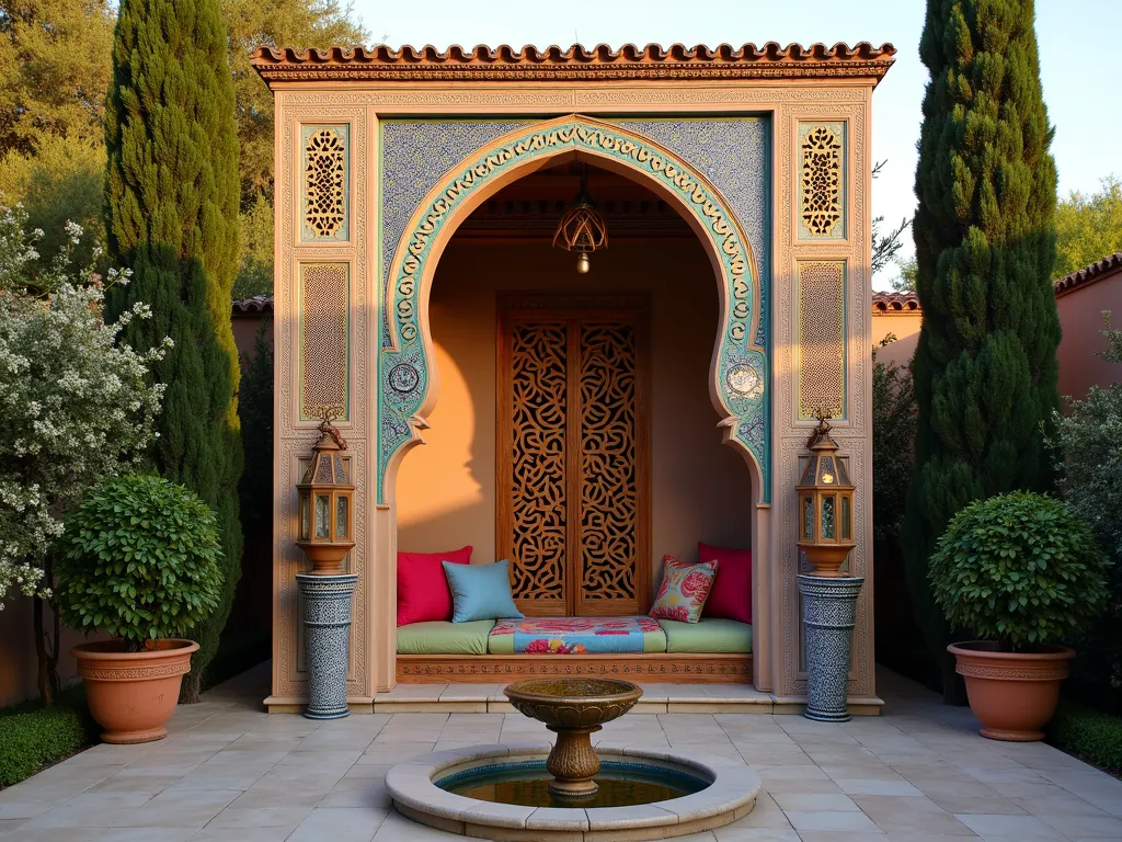 Luxurious Moroccan Garden Pavilion - A stunning Moroccan-style garden pavilion photographed at golden hour, featuring elegant horseshoe arches with intricate arabesque patterns and geometric designs. The pavilion is adorned with vibrant blue and turquoise zellige tilework, ornate carved cedar wood lattice screens (mashrabiya), and delicate copper lanterns. Plush colorful cushions and poufs create an inviting lounge area inside. The structure is surrounded by Mediterranean cypress trees, flowering jasmine vines, and potted citrus trees. A small geometric fountain adds gentle water sounds. Warm evening light casts intricate shadow patterns through the carved screens onto the tiled floor.