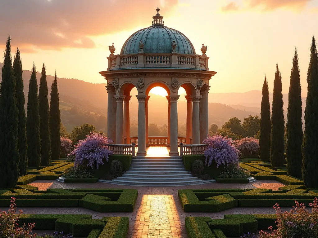 Elegant Renaissance Belvedere Garden Pavilion - A majestic Italian Renaissance-style belvedere pavilion in a grand garden setting, photographed during golden hour. The symmetrical stone structure features elegant arched openings on all sides, classical columns, and a magnificent copper-patinated dome roof. Ornate balustrades wrap around the elevated viewing platform. Perfectly manicured formal gardens with geometric patterns spread out below, including boxwood hedges and flowering parterres. Italian cypress trees frame the structure, while climbing wisteria gracefully adorns the columns. Distant rolling hills and a sunset sky create a romantic backdrop. Architectural style is highly detailed with cornices, medallions, and classical proportions. Photorealistic, cinematic lighting, ultra-detailed architecture, 8k