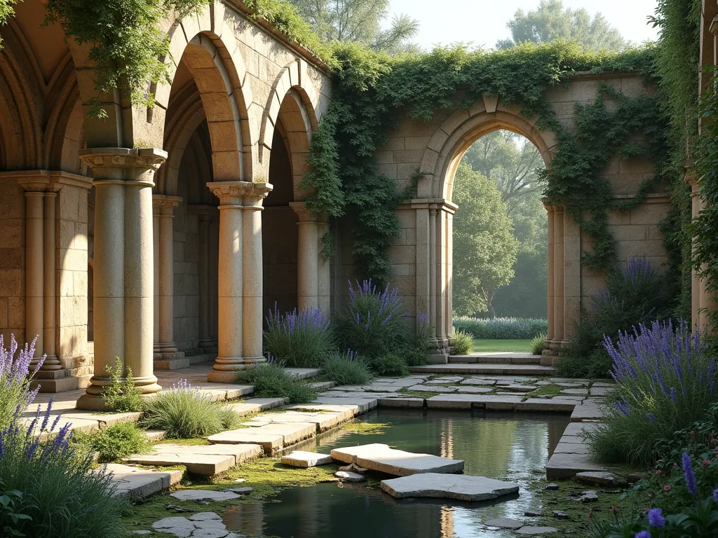 Romantic Classical Garden Ruins - A serene garden scene featuring elegant weathered limestone columns and crumbling Gothic arches, partially covered in climbing wisteria and English ivy. Soft morning light illuminates the ancient-looking ruins, creating dramatic shadows across broken marble fragments and fallen capitals scattered artfully on moss-covered ground. A small reflecting pool sits nearby, mirroring the architectural elements. The ruins are surrounded by informal cottage garden plantings with lavender and roses, creating a harmonious blend of structured decay and natural growth. Photorealistic, high detail, architectural photography style.