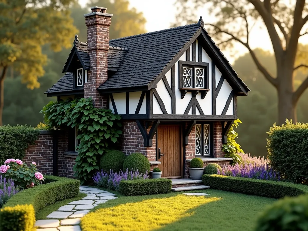 Charming Tudor Garden Folly - A picturesque miniature Tudor-style garden house set in a lush English garden setting, photographed during golden hour. The structure features authentic black and white half-timbering, ornate twisted chimneys, and diamond-paned leaded glass windows. A weathered wooden door with decorative iron hinges adds authenticity. The folly is surrounded by climbing roses, lavender borders, and neatly trimmed boxwood hedges. Stone pathways lead to the entrance, lined with cottage garden flowers. Ivy partially covers one wall, while mature trees create a woodland backdrop. The scene is captured with soft, warm lighting that highlights the architectural details and creates long shadows across the manicured lawn. Photorealistic, architectural photography style, 4k, detailed.