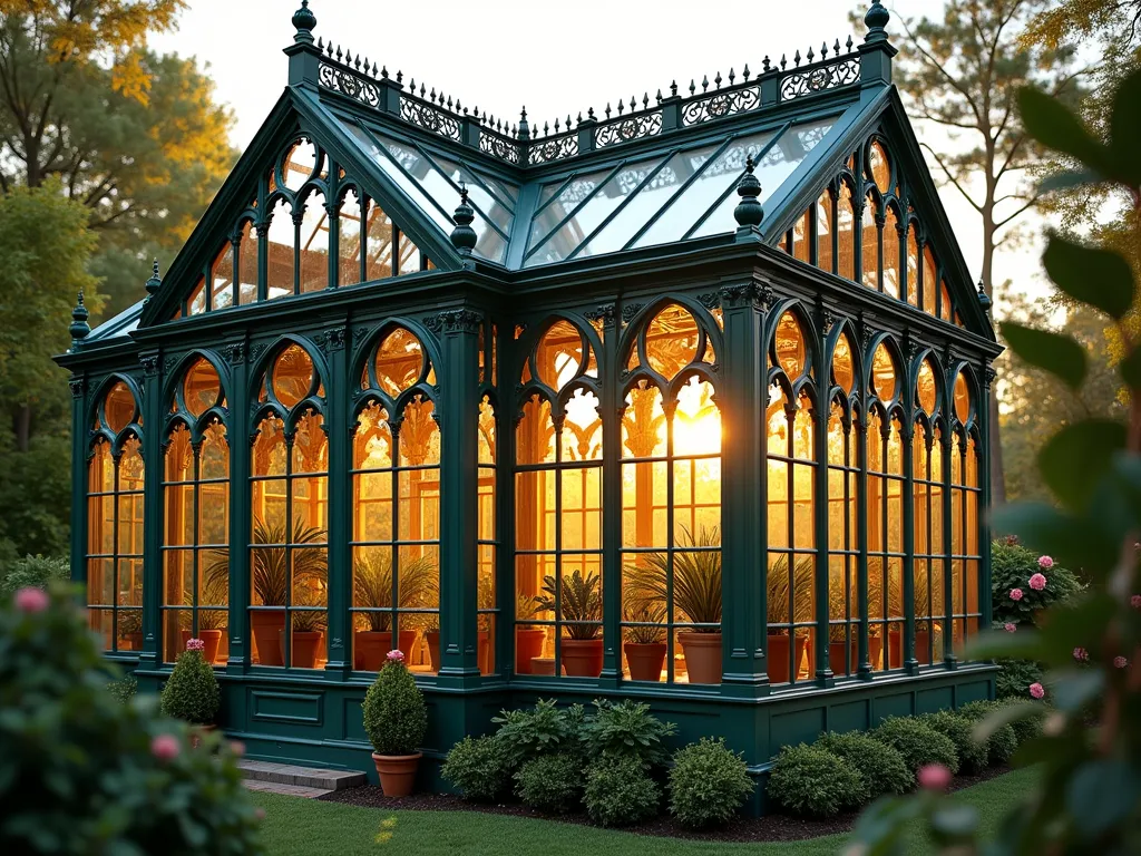 Elegant Victorian Glass Greenhouse - A magnificent ornate Victorian greenhouse in a lush garden setting, captured during golden hour. The greenhouse features intricate wrought iron framework painted in heritage green, with delicate scrollwork and decorative spandrels. Gothic-inspired arched windows with multi-paned glass panels in subtle amber and clear tones. Ornate copper finials and ridge cresting adorn the peaked roof. The structure is surrounded by formal boxwood hedges and climbing roses. Interior visible through the glass shows potted palms and terracotta planters on vintage wooden shelving. Soft natural lighting creates a magical atmosphere with light streaming through the colored glass. Architectural details are sharp and clear, photorealistic style, artistic composition.