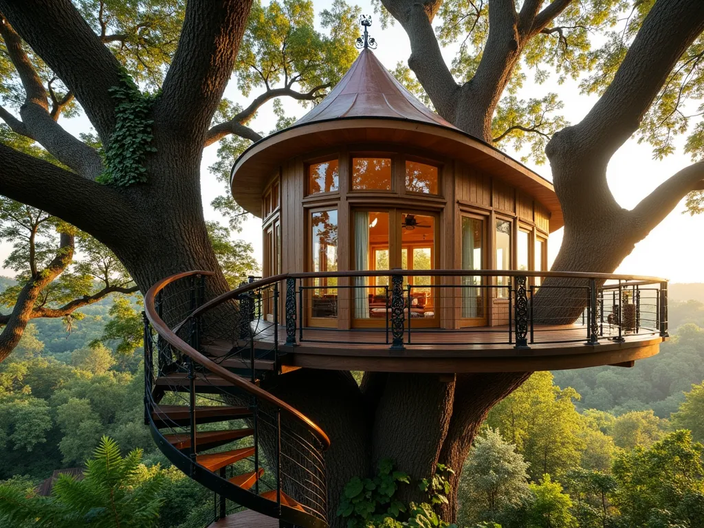 Elegant Woodland Treehouse Folly - A sophisticated, architecturally stunning treehouse folly nestled between mature oak trees, photographed at golden hour. The structure features curved organic lines, natural wood siding, and floor-to-ceiling windows. A wraparound deck with ornate wooden railings encircles the elevated sanctuary. Glass panels in the pointed copper roof allow dappled sunlight through. The treehouse is accessed by a graceful spiral staircase winding around a tree trunk. Native woodland ferns and moss grow naturally at the base. Bird feeders hang from nearby branches, while climbing hydrangea delicately scales parts of the structure. The scene is captured with soft, magical lighting filtering through the forest canopy.