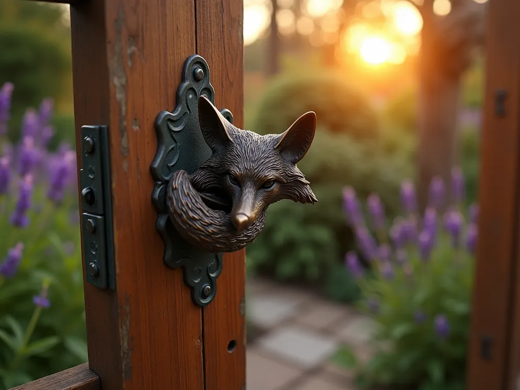 Artistic Fox Garden Gate Latch - Close-up shot of an intricately detailed bronze fox-shaped gate latch mechanism mounted on a rustic wooden garden gate, captured during golden hour. The sculptural fox's tail cleverly serves as the lifting mechanism, while its head forms the catch. The latch is weathered to a beautiful patina, contrasting against the rich cedar wood gate. Soft evening light casts warm shadows across the detailed fur texture and creates depth in the metalwork. In the background, slightly out of focus, a cottage garden with blooming lavender and climbing roses frames the scene. Shot with shallow depth of field to emphasize the artisanal craftsmanship of the wildlife sculpture latch, 8K resolution, photorealistic detail.