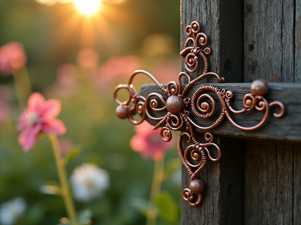 Artistic Wire Garden Gate Latch - Close-up shot at golden hour of an intricate handcrafted garden gate latch made from twisted copper and silver-toned wire, forming an elegant vine and flower pattern. The wire art casts delicate shadows on a weathered wooden garden gate, with soft bokeh of cottage garden flowers in the background. The sculptural latch mechanism is integrated into a flowing design of spirals and botanical motifs, photographed with shallow depth of field highlighting the metalwork's artistic details. Soft evening light filters through the wire loops, creating a dreamy, ethereal atmosphere.