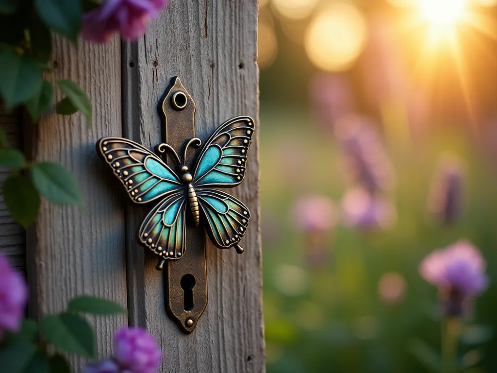 Enchanted Butterfly Garden Gate Latch - Close-up shot of an ornate bronze butterfly gate latch against a weathered wooden garden gate, captured during golden hour. The intricate butterfly design features detailed wing patterns with a patina finish, casting delicate shadows on the rustic wood. Climbing roses and lavender frame the edges of the gate, with soft bokeh effect in the background showing a cottage garden. The butterfly latch is positioned at the center of the frame, with sunlight catching its metallic details, creating a magical, whimsical atmosphere. Shot with shallow depth of field to emphasize the craftsmanship of the latch design.