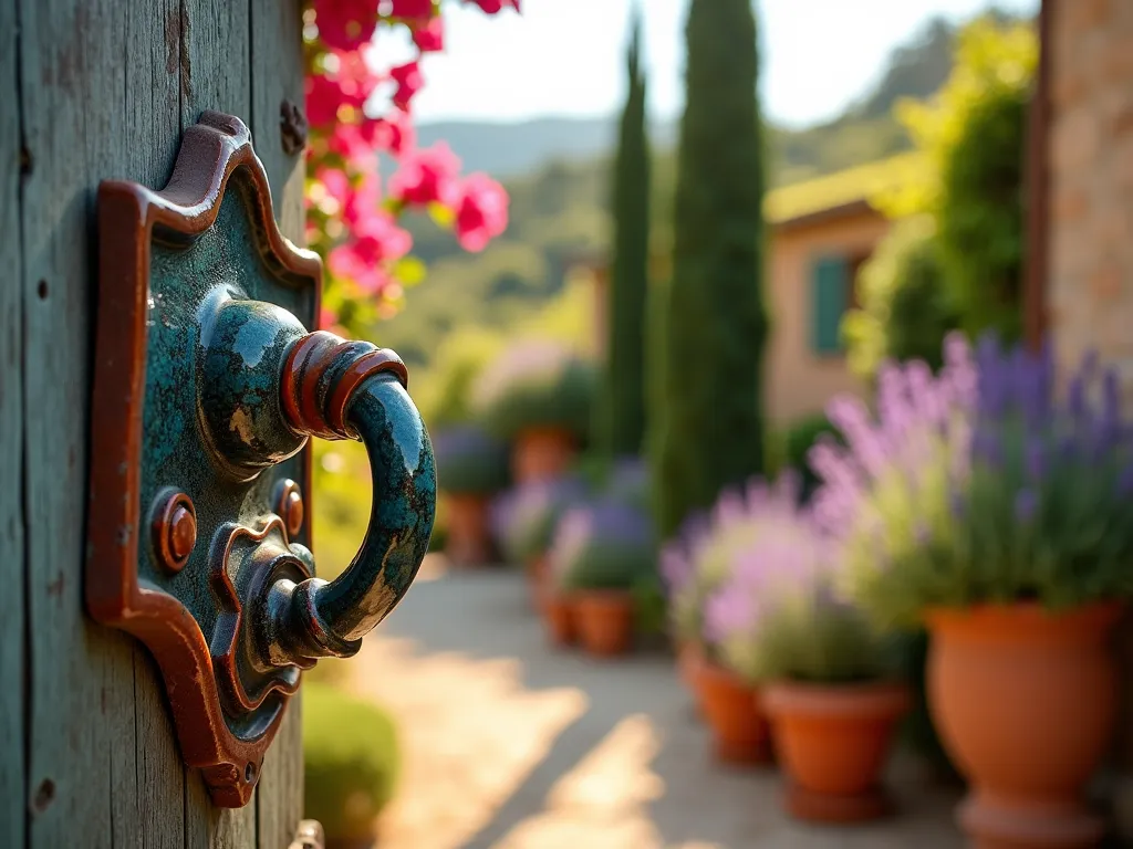 Artistic Ceramic Gate Latch with Mediterranean Garden - Close-up shot of a handcrafted ceramic gate latch during golden hour, featuring an intricately hand-painted blue and terracotta design with weathered patina. The latch is mounted on a rustic wooden garden gate, surrounded by climbing bougainvillea and lavender. The background shows a blurred Mediterranean-style garden with terracotta pots and cypress trees. Shot with a shallow depth of field highlighting the detailed glazework and artisanal craftsmanship of the ceramic piece. Natural sunlight casts warm shadows, emphasizing the textural details and vibrant colors of the ceramic handle. Digital camera, 16-35mm lens at 35mm, f/2.8, ISO 400.