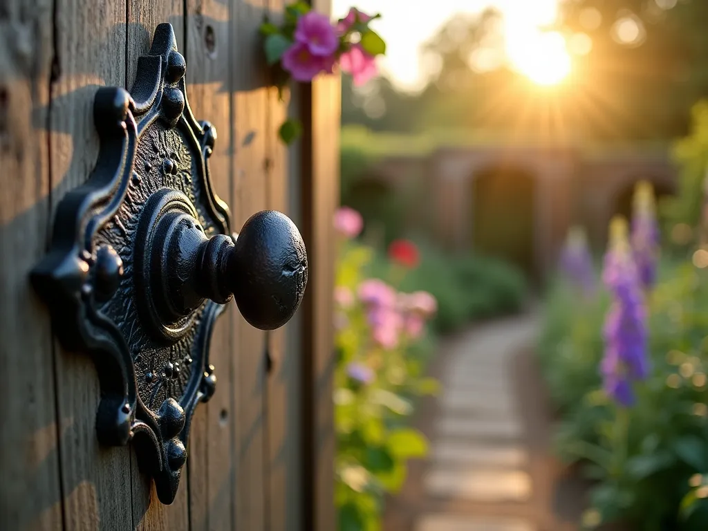 Classic Cast Iron Thumb Latch on Cottage Garden Gate - Close-up DSLR photo of a weathered black cast iron thumb latch with ornate Victorian-style backplate mounted on a rustic wooden garden gate, captured during golden hour. The gate is partially covered in climbing roses and morning glory, with a soft-focused cottage garden visible in the background. The patinated metal displays intricate details and authentic age marks, while warm evening sunlight catches the decorative edges of the backplate. Shot with shallow depth of field to emphasize the craftsmanship of the traditional hardware, with dappled light filtering through overhead tree canopy. Classic English cottage garden style with lavender and foxgloves visible through the gate's gaps.