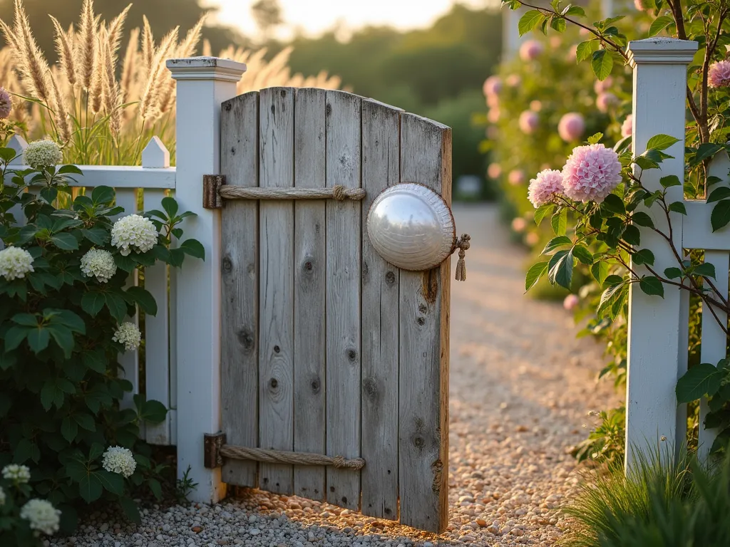 Coastal Garden Gate with Shell and Driftwood Latch - Close-up shot of a weathered wooden garden gate with an artistic latch mechanism crafted from bleached driftwood and large pearlescent seashells, set against a whitewashed fence. The gate features a natural rope accent and is surrounded by swaying coastal grasses and blooming hydrangeas. Late afternoon golden sunlight casts warm shadows across the weathered wood, highlighting the organic textures of the driftwood and the iridescent shell handle. Beach pebbles line the path leading to the gate, while climbing roses with soft pink blooms frame the entrance. Captured with shallow depth of field to emphasize the intricate details of the shell and driftwood latch mechanism.