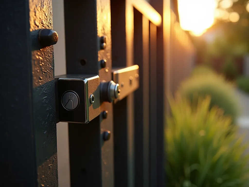 Modern Industrial Garden Gate Bolt Lock - Close-up golden hour shot of a sleek industrial-style gate latch mechanism on a black metal garden gate, featuring a robust stainless steel sliding bolt lock with exposed rivets and mechanical components. The gate is mounted on weathered Corten steel posts, with soft-focus Japanese Forest Grass and ornamental bamboo visible in the background. The warm evening sunlight catches the metallic surfaces, creating dramatic shadows and highlighting the mechanical details. Shot with shallow depth of field to emphasize the industrial craftsmanship, with a modern concrete wall partially visible in the background. DSLR, f/8, ISO 100, 1/125s, natural lighting.