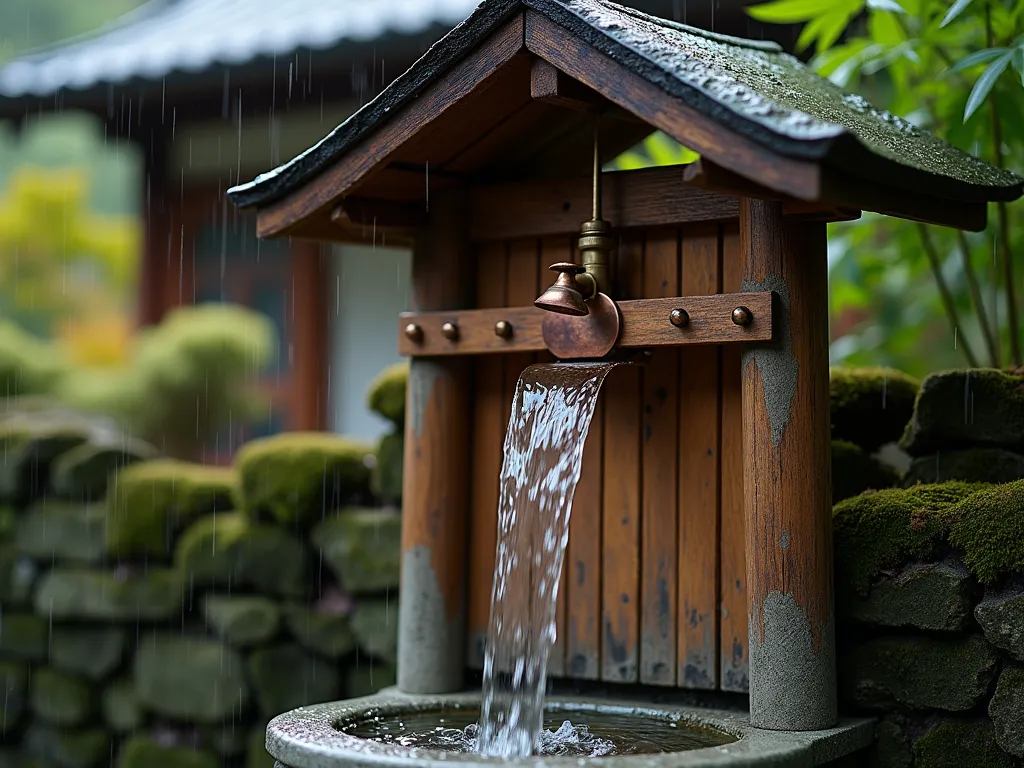 Japanese Garden Rain Chain Gate Latch - Close-up shot of an elegant copper rain chain integrated into a traditional wooden garden gate, photographed during light rainfall at dusk. The handcrafted chain features decorative cups and bells that guide water from the gate's peaked roof down to a small stone basin below. The innovative latch mechanism is seamlessly incorporated into the chain's design, where a brass hook element secures the gate while allowing the water to flow naturally. The gate is set within a moss-covered stone wall, with Japanese maple leaves and bamboo visible in the soft-focused background. Natural lighting catches the water droplets, creating a ethereal atmosphere. Shot with DSLR camera, f/8 aperture, capturing the intricate details of both the mechanism and the serene water flow.