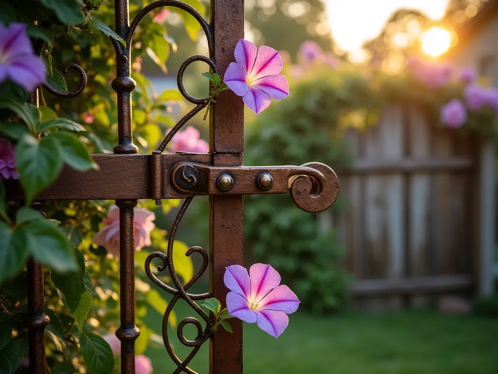 Living Garden Gate Latch with Climbing Vines - Close-up shot during golden hour of an artistic wrought iron garden gate latch system where delicate copper-colored metal vine guides intertwine with blooming morning glories and clematis. The functional latch mechanism is elegantly integrated into the design, allowing the vines to naturally weave through specially designed loops and spirals. Soft evening light filters through the foliage, creating dappled shadows on the weathered bronze metal work. The background shows a blurred cottage garden setting with climbing roses on a rustic wooden gate.