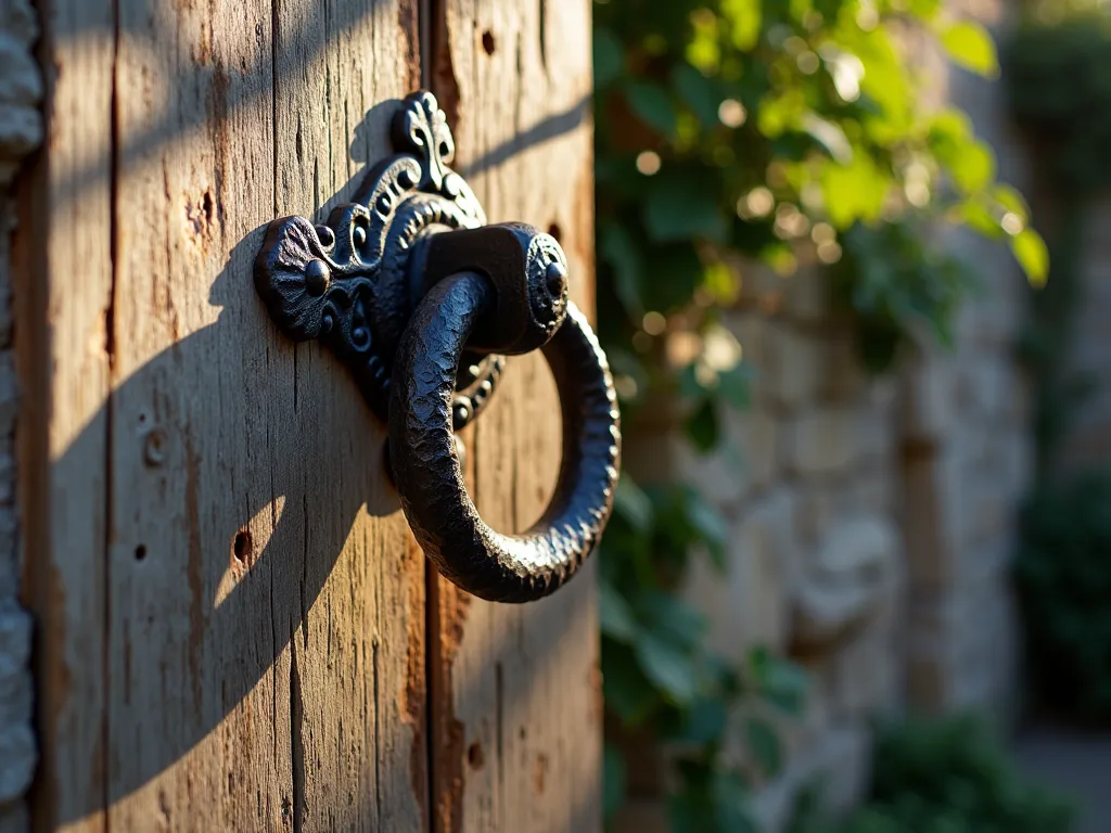 Mediterranean Rustic Ring Gate Latch - Close-up photography of a beautifully weathered hand-forged iron ring gate latch against a distressed wooden garden gate, dramatic late afternoon sunlight casting intricate shadows across the textured metal surface. The substantial ring pull features an artisanal hammered finish with subtle patina, connected to an ornate latch mechanism with organic scrollwork details. Ancient stone wall visible in background with climbing Mediterranean jasmine, creating a romantic rustic atmosphere. Shot with shallow depth of field highlighting the craftsmanship of the metalwork, 16-35mm lens at f/2.8, ISO 400.