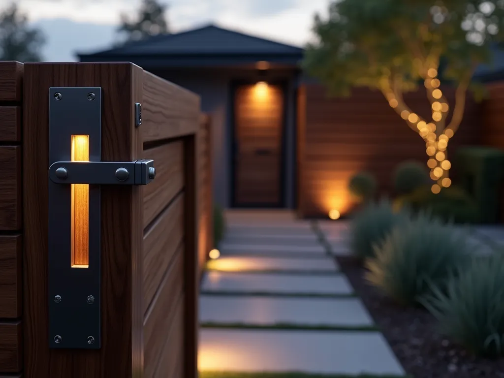 Modern Cable Gate Latch System - Close-up shot of a sleek, contemporary wooden garden gate with a sophisticated stainless steel cable latch system at dusk. The minimalist gate features clean lines and dark-stained cedar wood, complemented by brushed metal hardware and taut horizontal tension cables. Modern LED lighting subtly illuminates the mechanism, casting elegant shadows. In the background, a blurred modern garden landscape with architectural plants and geometric pavers creates depth. The composition emphasizes the industrial-chic aesthetic while maintaining a warm, inviting feel.