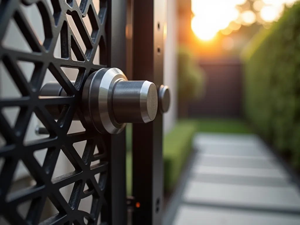 Modern Geometric Gate Latch in Contemporary Garden - A close-up shot during golden hour of an elegant, laser-cut geometric metal gate latch mounted on a dark charcoal garden gate. The intricate triangular and hexagonal patterns in brushed stainless steel create mesmerizing shadows on the gate's surface. The latch mechanism seamlessly integrates into a larger decorative plate featuring a Bauhaus-inspired design. In the soft background, a modern minimalist garden with architectural boxwoods and clean-lined concrete pathways is visible, photographed with shallow depth of field. The late afternoon sun catches the metallic edges of the geometric cuts, creating a stunning interplay of light and shadow. Shot with a 35mm focal length at f/2.8 for beautiful bokeh effect.