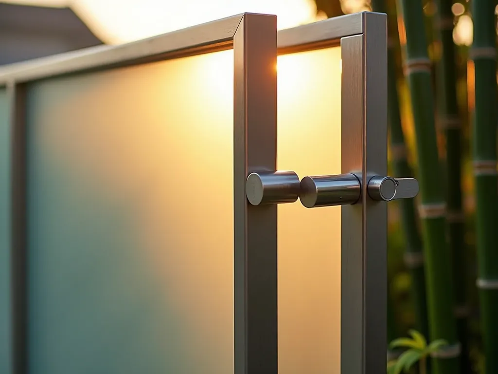 Modern Glass and Steel Garden Gate Latch - Close-up view of an elegant contemporary garden gate latch at golden hour, featuring a sleek combination of frosted glass panels and brushed stainless steel components. The minimalist latch mechanism is mounted on a modern glass gate panel with polished steel frame, casting ethereal shadows on a backdrop of carefully manicured bamboo. Soft evening light filters through the transparent elements, creating a captivating interplay of light and reflection. Shot with shallow depth of field, emphasizing the sophisticated craftsmanship of the hardware while subtly showcasing the architectural landscape beyond. 16-35mm lens at f/2.8, ISO 400, capturing the premium finish and sophisticated engineering of this high-end gate solution.