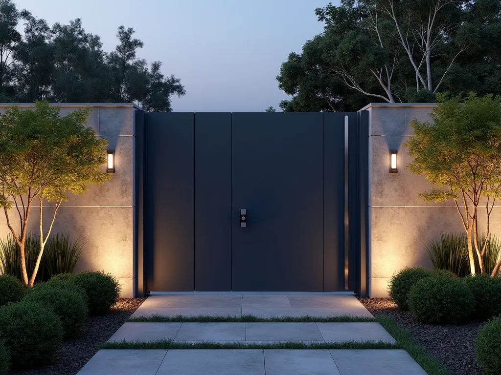 Sleek Modern Magnetic Garden Gate - A close-up twilight shot of a minimalist dark gray metal garden gate with a seamless magnetic latch system, showcasing the clean lines and hidden mechanism against a contemporary garden backdrop. The gate features brushed stainless steel accents and floating panels, while architectural grasses and geometric boxwood hedges frame the scene. Soft landscape lighting illuminates the sophisticated design, casting subtle shadows that highlight the gate's modern aesthetic. The gate is set within a weathered concrete wall with integrated LED strips, creating a dramatic evening atmosphere.