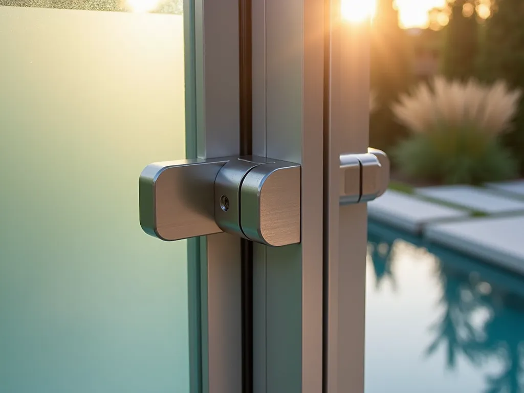 Modern Pool Gate Safety Latch - Close-up shot of a sleek, brushed stainless steel hidden pool gate latch mounted on a contemporary glass and metal gate, captured during golden hour. The sophisticated mechanism is discreetly positioned at adult height (5'5") on a frosted glass panel with modern aluminum framing. Behind the gate, a glimpse of a stunning infinity pool surrounded by modern landscaping with tall ornamental grasses and geometric concrete pavers. The scene is photographed with natural sunlight creating subtle reflections on the glass and metal surfaces, highlighting the professional-grade childproof mechanism while maintaining an aesthetic appeal. The composition emphasizes both safety and style in modern pool design.