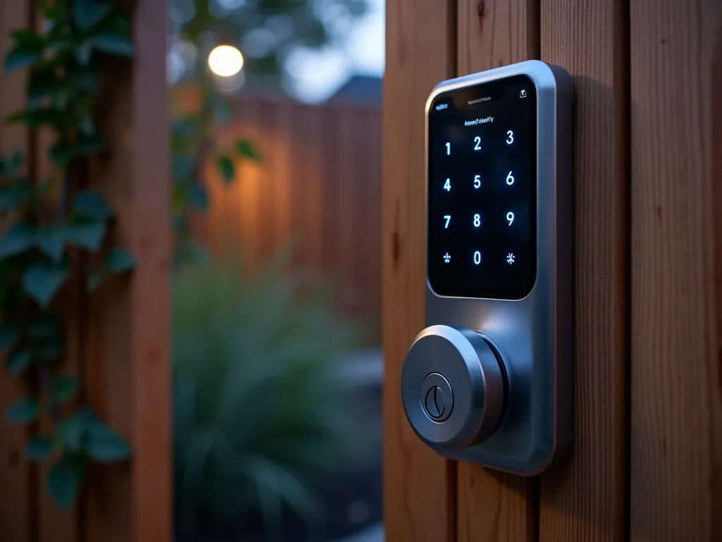 Modern Smart Garden Gate with Digital Lock - Close-up shot of a sleek, brushed stainless steel digital lock mounted on a contemporary wooden garden gate at dusk. The lock features a minimalist touchscreen keypad that glows with soft blue LED lighting. The gate is set within a modern cedar fence, with climbing jasmine elegantly framing one side. The lock's smartphone interface is visible through a phone screen floating in the composition, showing a clean, modern app interface for remote access. High-end DSLR photography with dramatic lighting highlighting the intersection of nature and technology, depth of field focusing on the digital lock while softly blurring the lush garden backdrop of Japanese maple and ornamental grasses visible through the partially opened gate. Captured during blue hour with subtle landscape lighting creating an atmospheric glow.