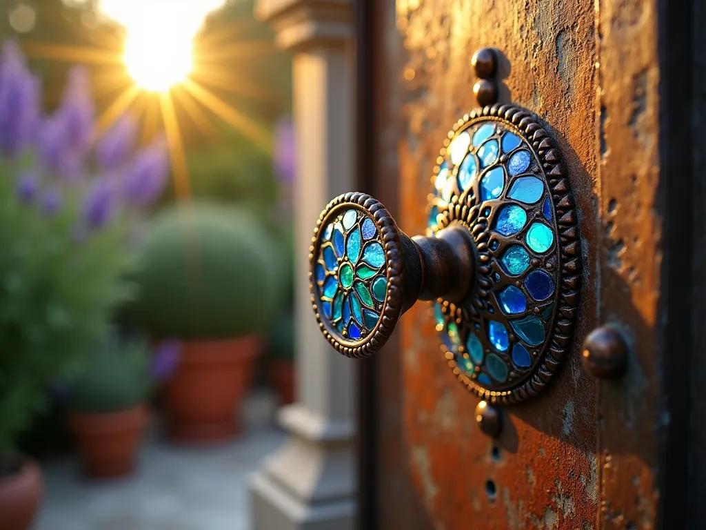 Mosaic Glass Garden Gate Handle at Sunset - Close-up shot of an ornate garden gate handle featuring a stunning mosaic pattern made of iridescent blue, turquoise, and amber glass tiles catching the golden evening light. The handcrafted metal and glass latch mechanism is mounted on a weathered copper-finished gate frame, surrounded by climbing Mediterranean jasmine. The background shows a blurred Mediterranean-style garden with terracotta pots and lavender bushes. The mosaic pattern creates a kaleidoscope of colors as the sunlight reflects off each carefully placed glass piece, creating a magical sparkle effect.