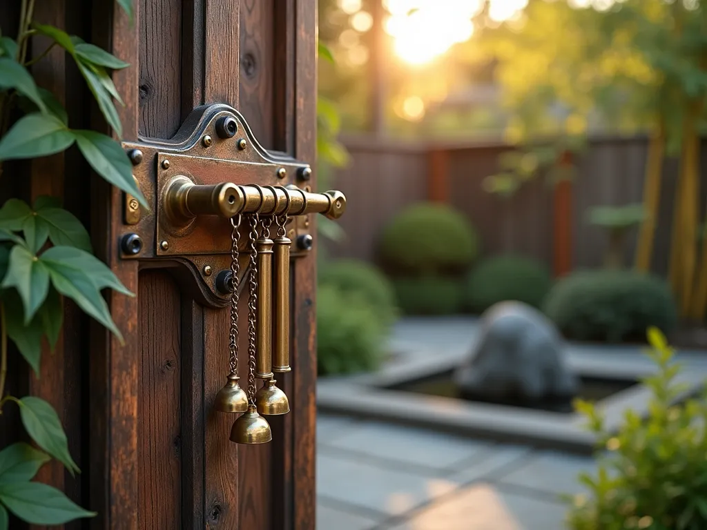 Enchanted Musical Gate Latch with Wind Chimes - A close-up shot of an artisanal copper and brass garden gate latch system at golden hour, featuring integrated wind chimes that create gentle melodies when the gate moves. The intricate mechanism connects to hanging brass tubes and bells through delicate chains, all weathered to a beautiful patina. The gate itself is crafted from distressed wood with ornate iron scrollwork, partially covered in climbing jasmine vines. In the soft, warm lighting, the metal elements gleam while creating a dreamy bokeh effect. The background reveals a peaceful zen garden with a small meditation area, bamboo plants, and a water feature, slightly out of focus to emphasize the musical latch detail. Shot with a shallow depth of field to capture the craftsmanship of the chime system while maintaining the serene garden atmosphere.