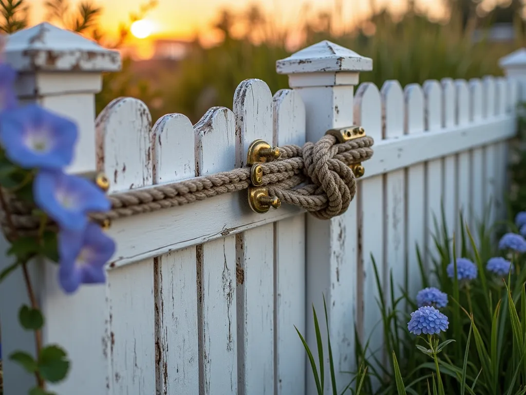 Coastal Garden Gate with Nautical Rope Latch - Close-up shot of a weathered white wooden garden gate at golden hour, featuring a sophisticated marine-grade rope locking mechanism wrapped around a polished brass boat cleat. The gate is set within a white-washed wooden fence adorned with climbing jasmine and soft blue morning glories. The hardware has a patinated finish, suggesting exposure to salt air, while coastal grasses and lavender sway in the foreground. The background shows glimpses of a seaside garden with hydrangeas and ornamental grasses. The scene is captured with soft, warm lighting that highlights the intricate details of the rope knot and the metallic sheen of the cleat mount.