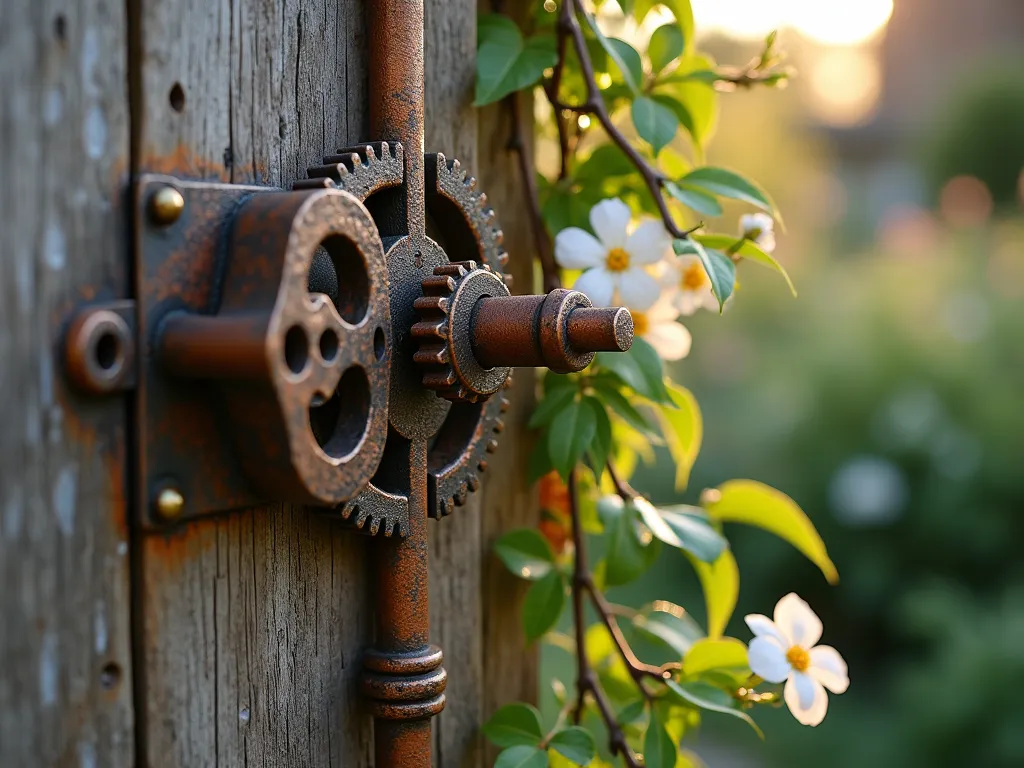 Artistic Recycled Metal Gate Latch - Close-up shot of a rustic garden gate latch crafted from reclaimed industrial materials, featuring an artistic assemblage of vintage gears, copper pipes, and weathered metal pieces welded together into an intricate mechanical latch design. Soft evening sunlight casts warm highlights on the metalwork, while climbing jasmine vines delicately frame the piece. The patina of the recycled metals creates a beautiful contrast against the natural wood of a weathered garden gate, with a blurred cottage garden setting visible in the background.