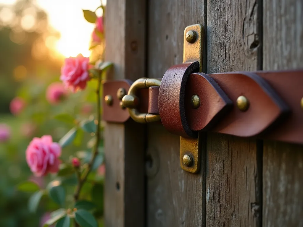 Rustic Leather Gate Latch - Close-up shot of a handcrafted garden gate latch featuring rich brown weathered leather straps intertwined with aged brass hardware on a rustic wooden gate, captured during golden hour. The leather strap loops through an antique-style metal bracket, creating a secure yet aesthetically pleasing closure system. Soft evening light catches the patina of the metal and highlights the natural grain of the leather. In the background, slightly out of focus, climbing roses and weathered wood planks create a romantic country garden atmosphere. Shot with shallow depth of field to emphasize the intricate details of the leather and metal craftsmanship.