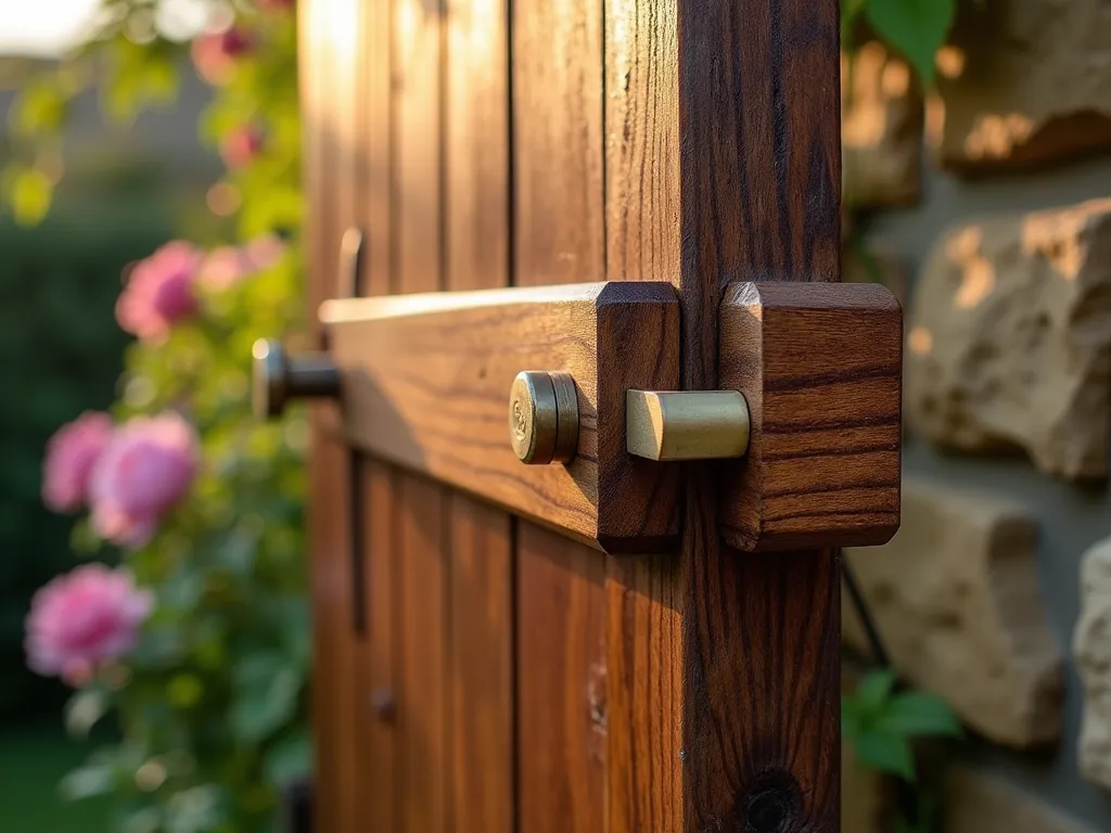 Rustic Wooden Slide Bar Gate Latch - Close-up photo of a beautifully crafted teak wooden slide bar gate latch mechanism at golden hour, mounted on a weathered garden gate. The sliding mechanism features smooth-action brass guides and rich wood grain details catching the warm sunlight. The gate is set against a blurred background of climbing roses and natural stone garden wall. Shot with shallow depth of field highlighting the craftsmanship of the wooden latch, with dappled evening light creating subtle shadows across the natural wood texture. 16-35mm lens at f/2.8, ISO 400.