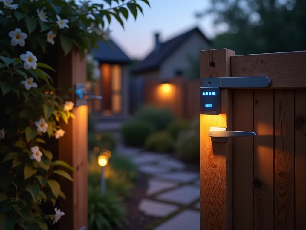 Illuminated Solar Gate Latch at Dusk - A close-up shot of a modern, sleek garden gate latch with integrated solar-powered LED lights casting a warm, ambient glow in the twilight hours. The brushed stainless steel latch mechanism is elegantly designed with subtle blue LED strips that illuminate the keyhole and handle. The gate is set within a natural cedar fence, with climbing moonflowers and jasmine framing the entrance. The background shows a softly lit garden path with low-voltage landscape lighting. Shot at dusk with golden hour lighting, creating a magical atmosphere. Photographed with shallow depth of field focusing on the illuminated latch details, while the garden beyond remains dreamily bokeh'd. 16mm focal length, f/2.8, ISO 400, capturing the interplay of natural and LED lighting.