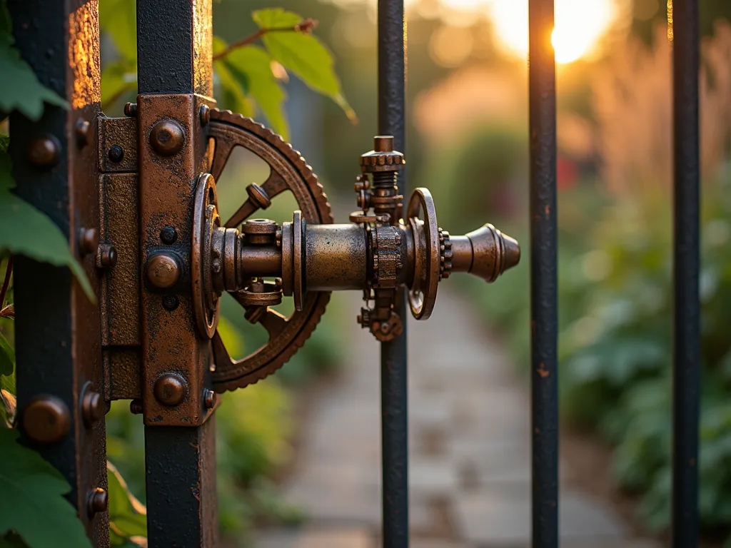 Steampunk Garden Gate Mechanism - Close-up DSLR shot of an ornate copper and brass garden gate latch mechanism featuring interconnected vintage gears, cogs, and industrial components, photographed during golden hour. The intricate steampunk mechanism is mounted on a weathered iron garden gate with patinated copper overlay. Vintage brass pocket watch parts and antique machinery elements are artfully incorporated into the functional latch design. Soft evening light catches the polished metal surfaces, while climbing ivy gently frames the edges of the gate. Background shows a blurred Victorian-style garden path with ornamental grasses catching the warm sunset glow. Shot with shallow depth of field focusing on the detailed gear work, f/8, ISO 100, creating a dreamy vintage atmosphere.