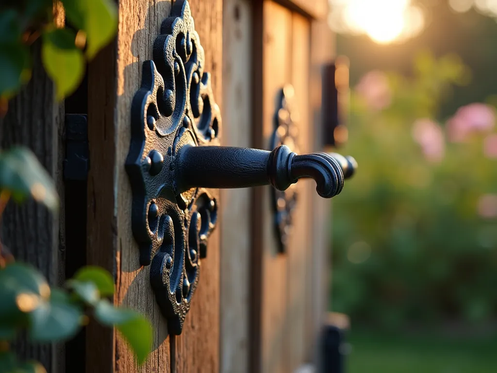 Hand-Forged Garden Gate Latch - Close-up, dramatic photograph of a beautifully hand-forged black iron gate latch on a rustic wooden garden gate, captured during golden hour. The intricate metalwork shows authentic hammer marks and traditional scrollwork patterns, with deep patina textures. The latch is mounted on weathered oak planks, with climbing roses and English ivy partially framing the scene. Soft, warm sunlight highlights the metalwork's detailed craftsmanship, while creating subtle shadows that emphasize the three-dimensional nature of the ironwork. Shot with shallow depth of field to showcase the artisanal details while keeping the garden backdrop pleasantly blurred. DSLR, f/8, ISO 100, 1/125