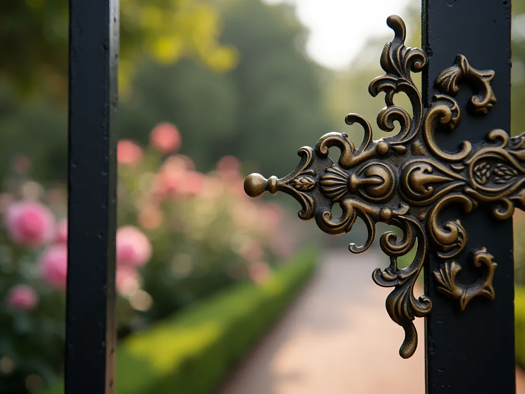 Victorian Scrollwork Garden Gate Latch - Close-up photograph of an ornate Victorian-style garden gate latch in antique brass, showcasing intricate scrollwork patterns and delicate floral motifs against a black wrought iron gate. The metalwork features elaborate curls, rosettes, and vine-like details characteristic of Victorian craftsmanship. Soft morning light casts gentle shadows, highlighting the dimensional details of the scrollwork. A manicured English rose garden and classic brick pathway are softly blurred in the background. Shot with shallow depth of field at f/2.8, creating a dreamy, romantic atmosphere. The composition emphasizes the artistic craftsmanship of the period-authentic hardware while suggesting the formal garden setting beyond.