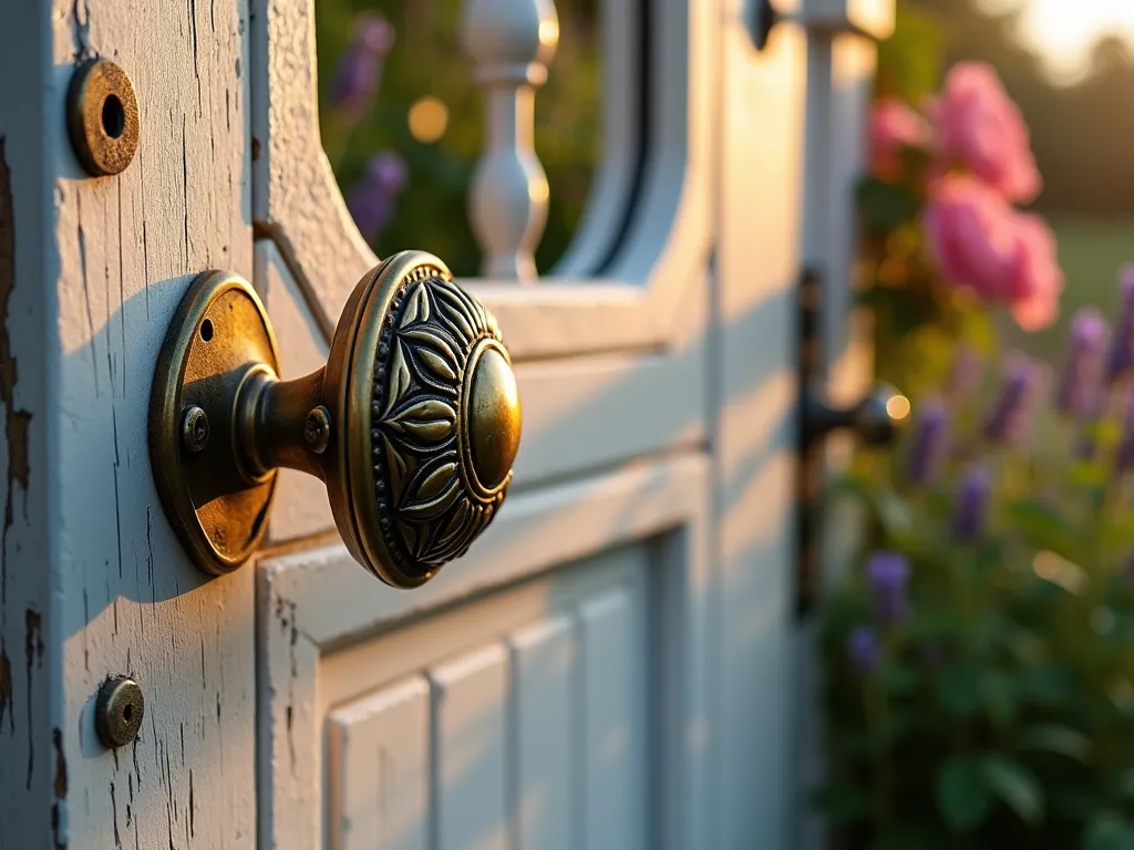 Vintage Door Knob Garden Gate Latch - Close-up DSLR photo of an ornate brass antique door knob repurposed as a garden gate latch, mounted on a weathered white-painted wooden gate, with climbing roses and vintage-style hardware. The golden evening sunlight casts warm shadows across the detailed Victorian-era door knob, highlighting its intricate patterns and patina. Behind the gate, a cottage garden is softly blurred, showing romantic climbing roses and lavender. Shot with shallow depth of field focusing on the door knob's decorative details, f/8, ISO 100, capturing the nostalgic charm and functionality of this repurposed hardware.