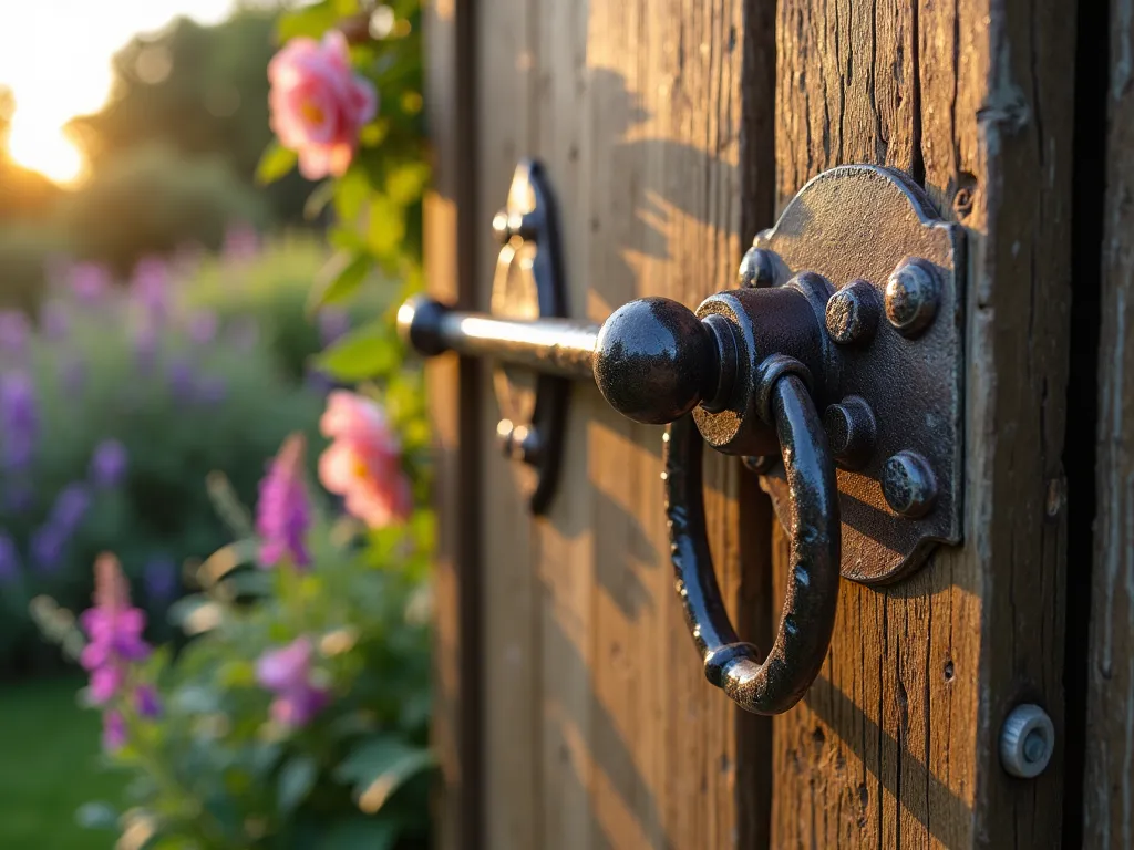 Rustic Drop Bar Gate Latch - Close-up perspective of a weathered wrought iron drop bar gate latch mounted on a reclaimed wooden garden gate, captured during golden hour. The vintage-style latch features an ornate vertical bar with a patinated copper finish dropping into an aged iron receiving loop. Soft evening light casts gentle shadows across the textured wood grain, while climbing roses and vintage clematis frame the edges of the gate. Background shows a blurred English cottage garden with lavender and foxgloves. Shot with shallow depth of field emphasizing the intricate details of the traditional latch mechanism against the rustic wooden backdrop. DSLR, f/8, ISO 100, 1/125