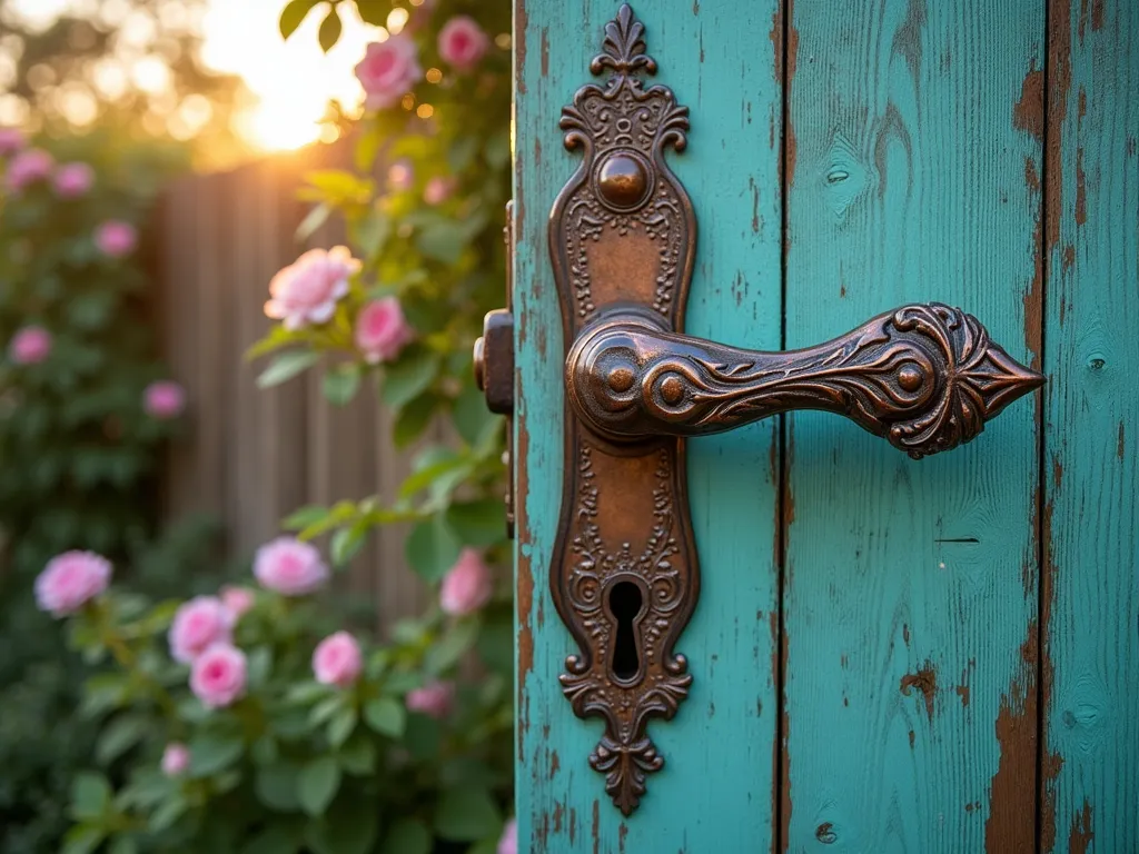 Weathered Copper Garden Gate Handle at Sunset - Close-up shot of an ornate copper gate handle and latch system against a weathered wooden garden gate, showcasing a stunning verdigris patina in varying shades of turquoise and sea-green. The handle features intricate vine-like details, partially transformed by natural oxidation. Soft golden sunset light illuminates the metalwork, highlighting the contrast between polished and aged areas. In the background, slightly out of focus, climbing roses and coastal sage create a romantic garden setting. The gate is set within a natural stone wall covered with creeping fig, adding texture and depth to the composition. The overall aesthetic combines rustic elegance with artistic craftmanship, perfect for a coastal garden setting.