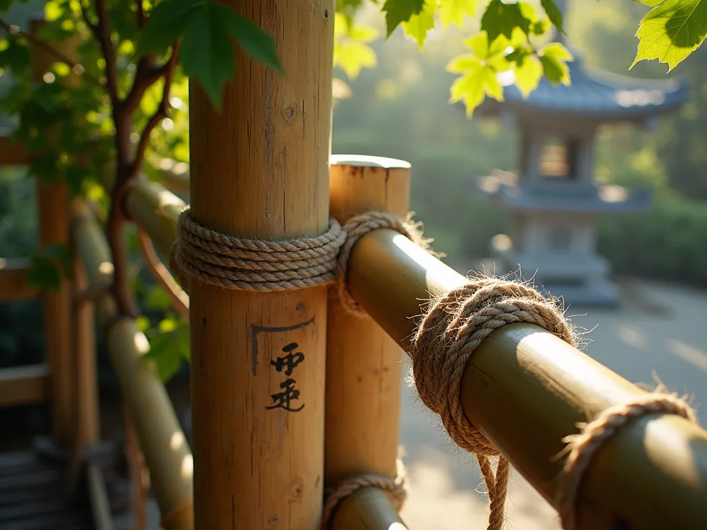 Zen Garden Bamboo Gate Latch - A close-up, detailed shot of a traditional Japanese garden gate latch system, featuring naturally aged bamboo poles bound with intricate hemp rope knots in the ancient Asian style. The gate is set within a weathered wooden frame, partially covered with delicate climbing jasmine. Early morning golden sunlight filters through Japanese maple leaves overhead, casting dappled shadows on the authentic bamboo latch mechanism. Shot with shallow depth of field focusing on the detailed rope work, with a misty zen garden and stone lantern softly blurred in the background. The bamboo has a rich honey-colored patina, and the rope displays complex traditional knot patterns used in Japanese craftsmanship.