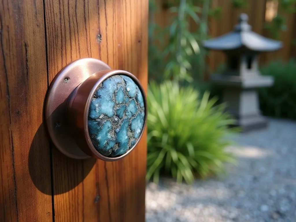 Zen Garden Stone Gate Handle - Close-up shot of a handcrafted garden gate latch featuring a smooth, polished blue-grey river rock embedded in brushed copper frame. The handle is mounted on a weathered cedar gate surrounded by delicate Japanese forest grass and dwarf bamboo. Late afternoon sunlight casts gentle shadows, highlighting the stone's natural patterns. Zen-inspired garden elements visible in the background include a small stone lantern and carefully raked gravel.