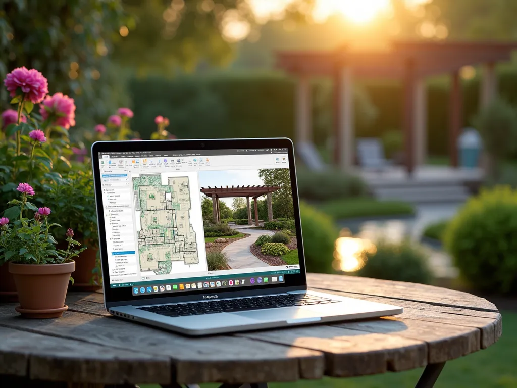 3D Garden Design Software Visualization - A split-screen composition showing a modern laptop displaying professional 3D garden design software. The left side shows the software interface with detailed landscape plans, plant database, and measurement tools in a clean, professional layout. The right side displays a photorealistic 3D rendering of a luxurious backyard garden at golden hour, featuring a curved stone pathway, layered perennial beds, a water feature, and a pergola-covered patio. The software screen includes drag-and-drop elements, plant growth simulations, and seasonal variation toggles. Soft ambient lighting illuminates the workspace, with the laptop sitting on a weathered wooden outdoor table surrounded by actual flowering plants, creating a connection between virtual and real garden design.